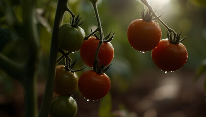 Sticker - Fresh, ripe tomatoes in a vegetable garden, a healthy, green meal generated by AI