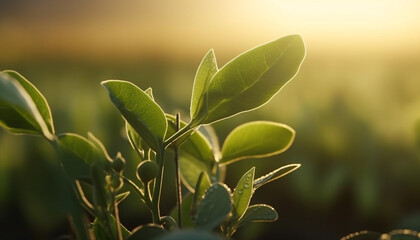 Wall Mural - Fresh green leaves on a tree branch, symbolizing nature beauty generated by AI