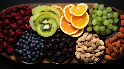 Wall Mural - Assorted dried fruits and nuts on a dark background, Concept: healthy and nutritious selection of snacks, healthy snack
