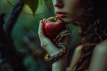 Eve Holding Apple In Her Hand Tempted By Snake.