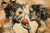 Fototapeta  - Adam and Eve with an apple. The concept embodies temptation and choice.