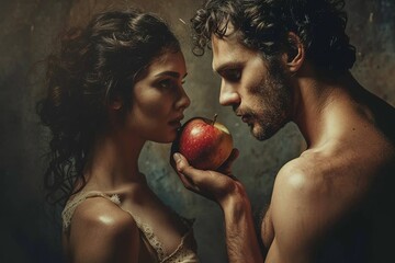 Wall Mural - Adam and Eve with an apple. The concept embodies temptation and choice.