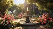 A Tranquil, Sunlit Garden With A Weathered Stone Fountain At Its Center, Surrounded By Blooming Flowers And Lush Greenery.