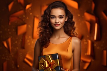 Poster - Woman with orange dress holding present gift box.