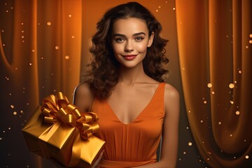 Wall Mural - Woman with orange dress holding present gift box.