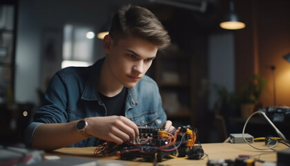 Poster - A young man, expert in technology, soldering indoors with concentration generated by AI