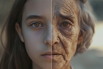 A woman face divided into two halves - young and old. 