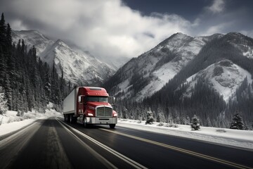 Truck on the highway, background with mountains at winter.