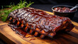 bbq pork ribs on wooden tray
