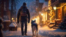 Rearview Photography Of A Man With His Husky Dog Breed Walking Through The Snowy Street At Night. Evening Outdoors Pet Walking, Winter Mountain Vacation Or Holiday 