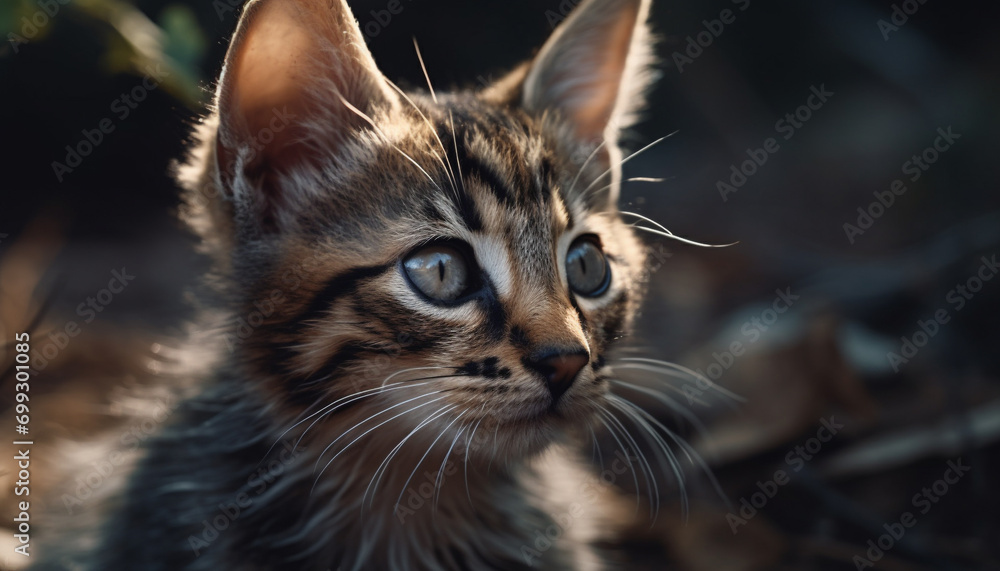 Cute kitten sitting in grass, staring with curious yellow eyes generated by AI