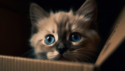 Poster - Cute kitten looking at camera, fluffy fur, blue eyes generated by AI