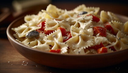 Wall Mural - Fresh, healthy pasta meal on wooden table, ready to eat, homemade refreshment generated by AI