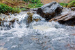 © daniiD - Raging water of a fast mountain river in a picturesque beautiful mountainous area, flowing water with splashes, selective focus