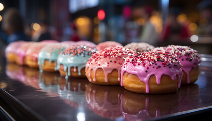 Canvas Print - Sweet food, gourmet chocolate donut on table with icing generated by AI