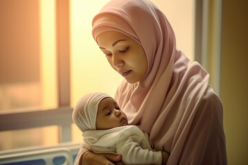 Wall Mural - Muslim mother with her baby in the hospital. Inclusive medicine concept