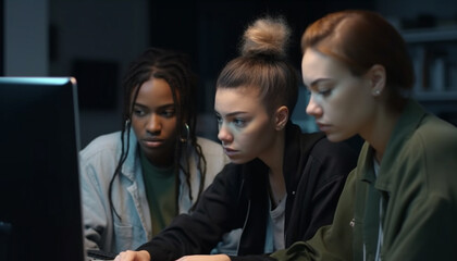 Sticker - Young adult females working indoors in an office, sitting at computers generated by AI