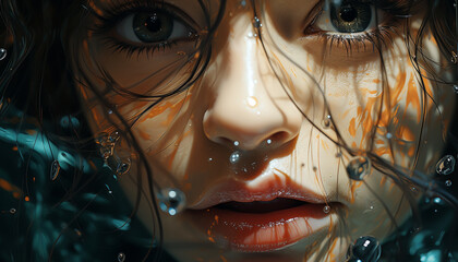 Poster - Young adult woman with wet hair looking at camera, cute and sensual generated by AI