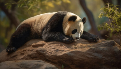 Wall Mural - A cute panda sitting in the forest, looking at camera generated by AI