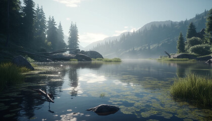 Poster - Tranquil scene of a mountain peak reflected in a peaceful pond generated by AI