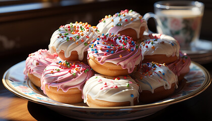 Canvas Print - Homemade donut with icing, chocolate, and strawberry on table generated by AI