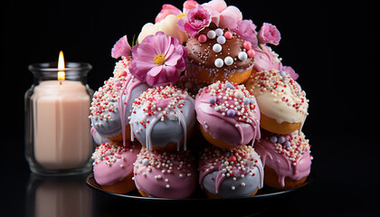 Canvas Print - Gourmet dessert pink donut with chocolate icing and candy generated by AI