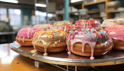 Wall Mural - Freshly baked donut with colorful icing and chocolate decoration on wood generated by AI