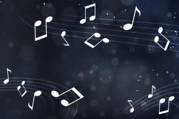 Wall Mural - Music notes flying on dark background, bokeh effect