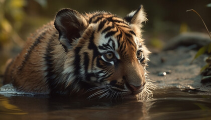 Canvas Print - Tiger staring, striped beauty in nature, tranquil scene generated by AI