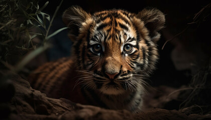 Poster - A majestic Bengal tiger walks through the forest, alert and focused generated by AI