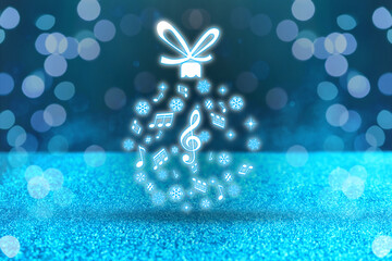 Wall Mural - Christmas ball made of music notes and snowflakes against blue background. Bokeh effect