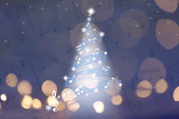 Wall Mural - Christmas tree made of music notes and snowflakes against sheet with musical symbols. Bokeh effect