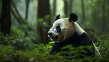 Sticker - Cute panda eating bamboo in the green forest, close up view generated by AI