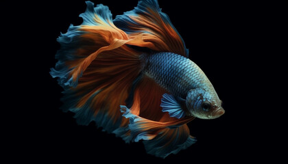 Poster - The elegant siamese fighting fish swims in a blue aquatic space generated by AI