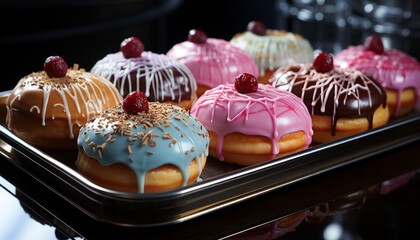 Wall Mural - Freshly baked gourmet donuts, a sweet indulgence on a plate generated by AI