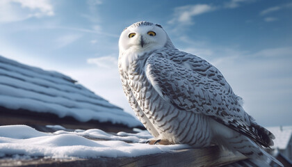 Poster - Snowy owl perched on branch, staring with piercing blue eyes generated by AI