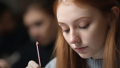 Sticker - A young girl studying in a classroom, smiling and focused generated by AI