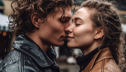 Sticker - Young adult couple embracing and kissing in the rain outdoors generated by AI