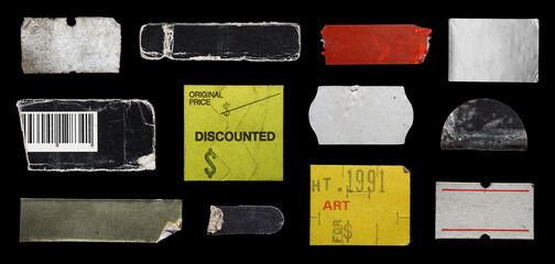 collection of blank old sticker, label, price tag template for mockup. isolated dirty, ripped, half 