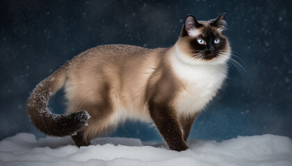 Sticker - Cute kitten sitting in snow, looking at camera with blue eyes generated by AI