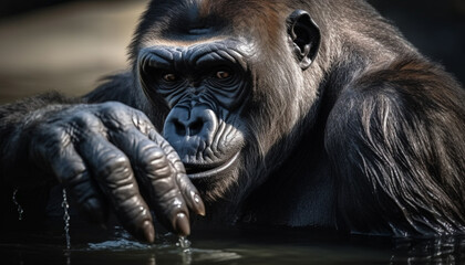 Canvas Print - Primate in nature monkey portrait, close up, staring with strength generated by AI