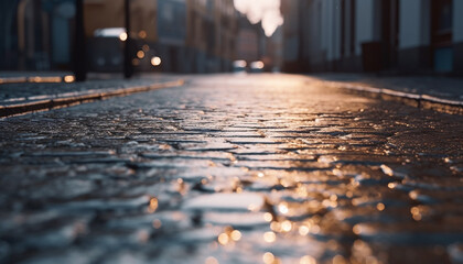 Wall Mural - Night city life, wet streets, illuminated buildings, blurred motion, reflecting lights generated by AI