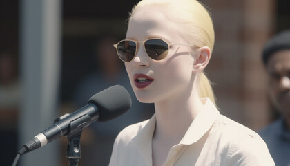 Poster - Young adult woman, wearing sunglasses, singing on stage with microphone generated by AI