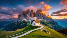 Incredible View On Small IIlluminated Chapel - Kapelle Ciapela On Gardena Pass, Italian Dolomites Mountains. Colorful Sunset In Dolomite Alps, Italy. Landscape