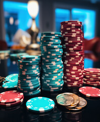 A stack of casino chips on the poker table, generative AI