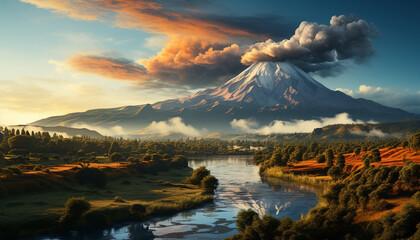 Wall Mural - Majestic mountain peak reflects autumn sunset in tranquil meadow generated by AI