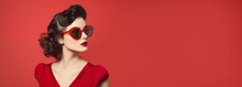 Wide Banner With Woman Wearing Big Heart Shaped Sunglasses Portrait, Retro Style Make Up, Red Background