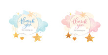 Cute Watercolor Thank You Card, Blue And Pink Color