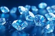 Sparkling gems on blue background. Faceted, shining diamonds in a 3D render. Generative AI