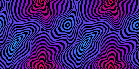 Colorful fluid curved lines seamless pattern. Vector abstract background, dynamical ripple surface, 3D effect, illusion of movement. Neon blue and red gradient. Retro 80-90's fashion style design